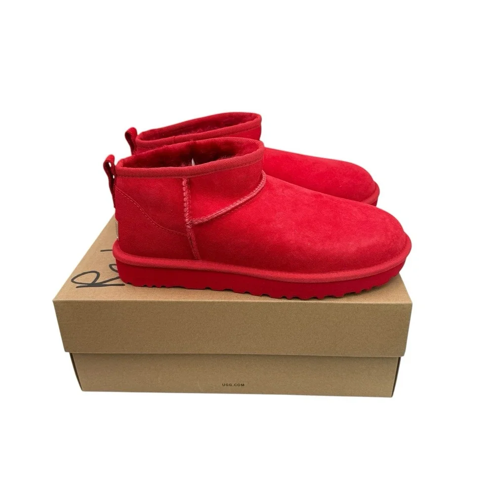 UGG Classic Ultra Mini Samba Red Suede Fur Comfort Womens Boots SZ US 9 NIB Read